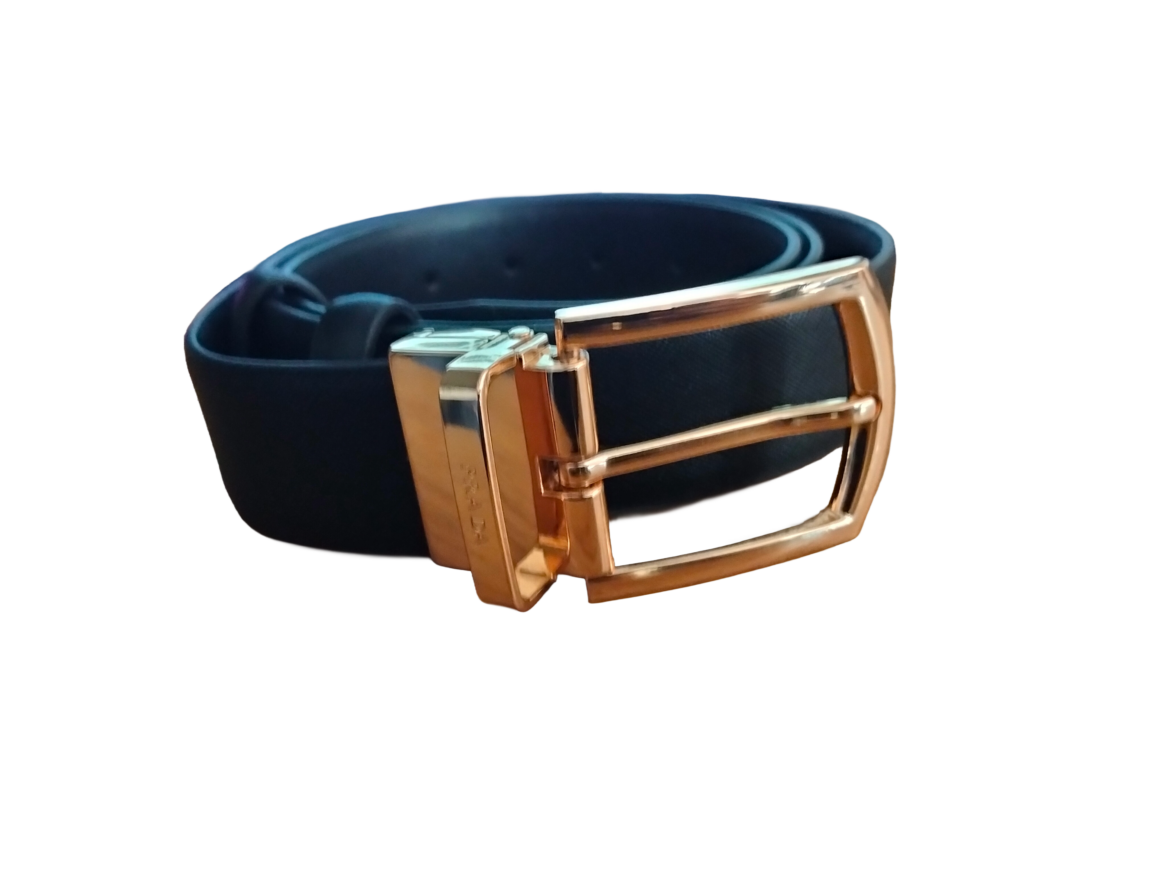 Prada Black Saffiano Leather Belt with Gold-Tone Logo Buckle