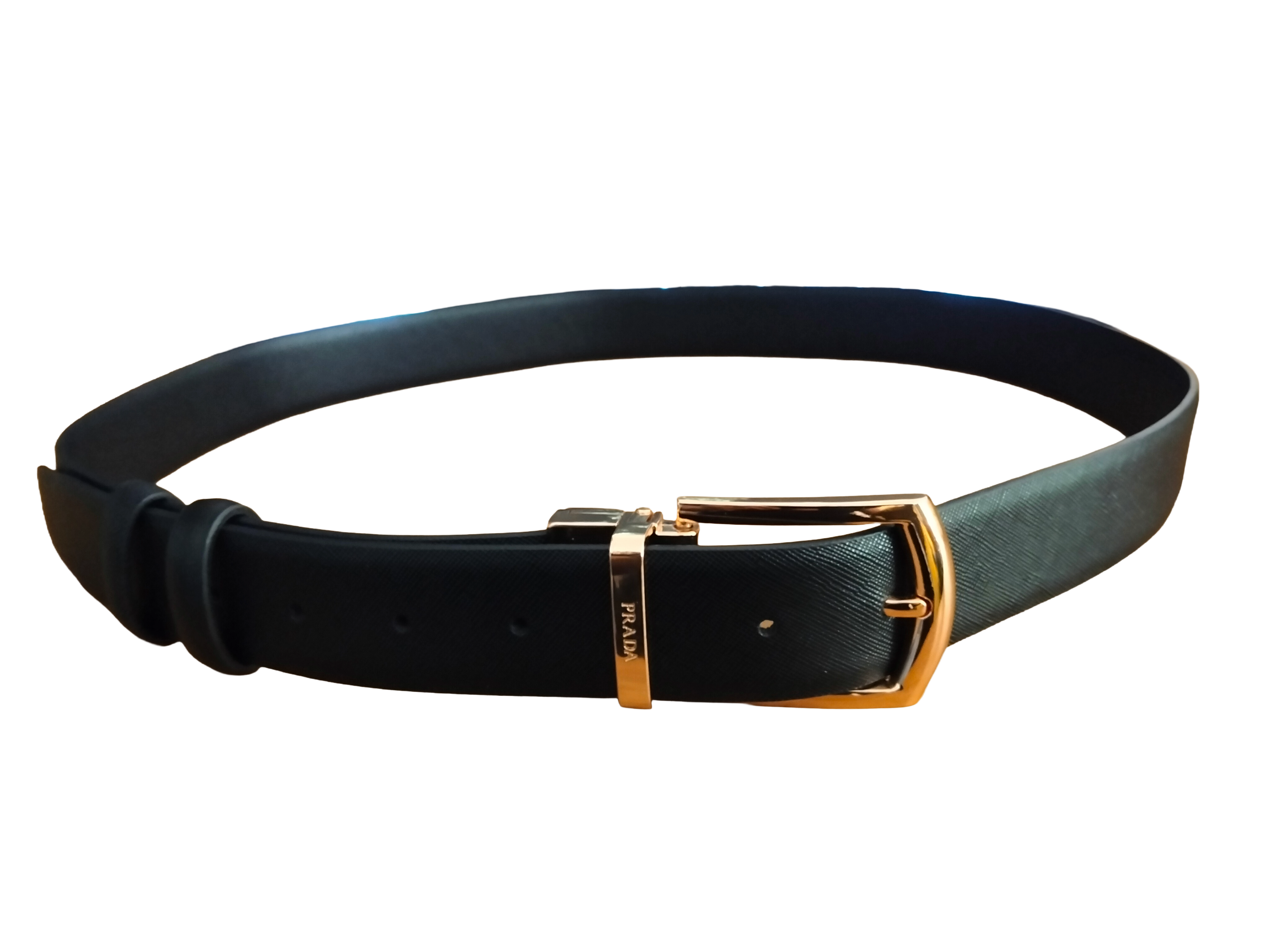 Prada Black Saffiano Leather Belt with Gold-Tone Logo Buckle