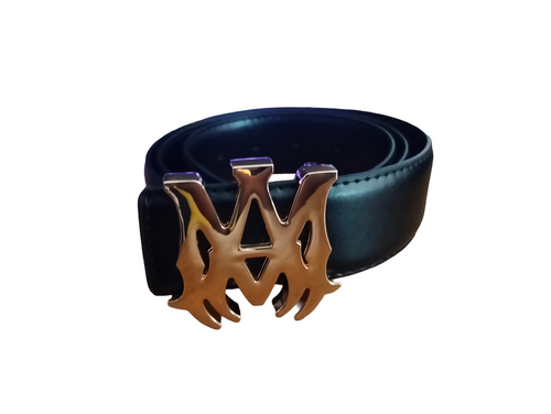 Amiri Black Leather Belt with Gold Logo Buckle